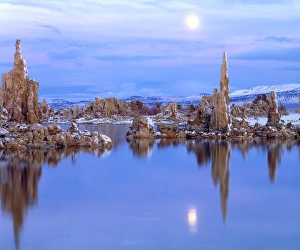 USA; California; Sierra Nevada Mountains. aFull Moon over Tufa Formations on Mono Lake