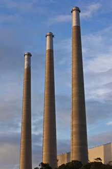 USA, California, Southern California, Morro Bay, power plant smokestacks, late afternoon
