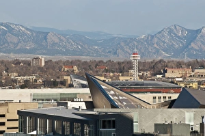 Observation Prints: USA, CO, Denver. View west to Rocky Mountains over tops of Denver buildings including