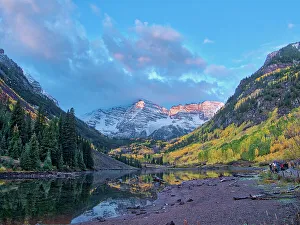 Serenity Prints: USA, Colorado, Aspen. Maroon Bells, snow-covered Aspens and firs