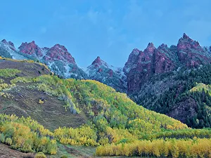 Serenity Prints: USA, Colorado, Aspen. Maroon Bells, snow-covered Aspens and firs