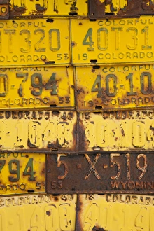 Images Dated 19th December 2011: USA, Colorado, Crested Butte, building with license plate siding