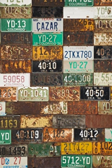 USA, Colorado, Crested Butte, building with license plate siding