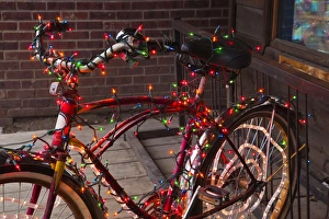 Images Dated 19th December 2011: USA, Colorado, Crested Butte, Elk Avenue, bicycle covered in colored lights