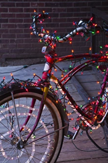 Images Dated 19th December 2011: USA, Colorado, Crested Butte, Elk Avenue, bicycle covered in colored lights