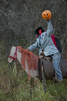 Halloween Prints: USA, Colorado, Crystal River Valley. Roadside Halloween display of a manikin on a horse