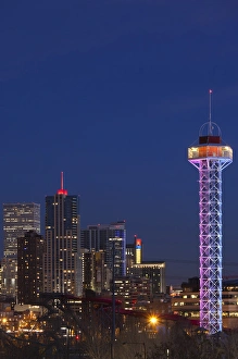 Build Prints: USA, Colorado, Denver, city view from the west at dusk with Elitch Gardens theme