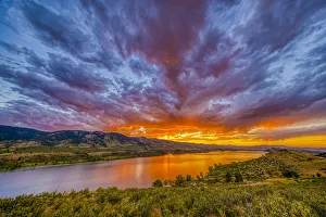 Reservoir Prints: USA, Colorado, Fort Collins. Sunset over Horsetooth Reservoir