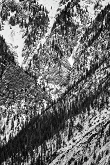 Images Dated 2025: USA, Colorado, Frisco, Snow-filled chutes above I-70 near Copper Mountain