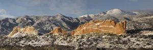 Prints of USA, Colorado, Garden of the Gods. Panoramic of fresh snow on Pikes Peak and sandstone formation. Credit as: Don Grall / Jaynes Gallery / DanitaDelimont.com Images Dated 2018 December: USA, Colorado, Garden of the Gods