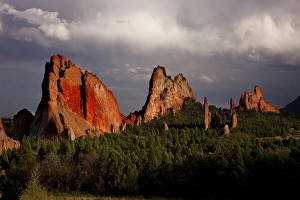 Rainstorm Prints: USA, Colorado, Garden of the Gods. Sunset light on sandstone formations. Credit as