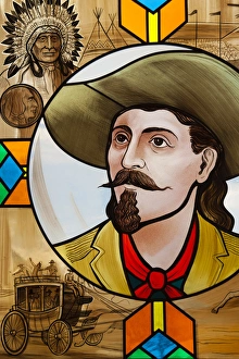 Images Dated 28th December 2011: USA, Colorado, Golden, Lookout Mountain, Buffalo Bill Museum, museum stained glass window