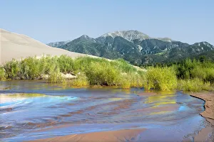 Sand Dune Prints: USA, Colorado. Great Sand Dunes National Park. Sangre De Cristo Mountains and Medano Creek