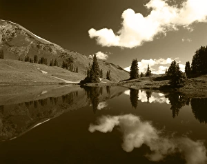 USA, Colorado, Gunnison National Forest, View of clouds and trees reflecting in