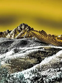 San Juan Mountain Prints: USA, Colorado. Infrared of view of Mount Sneffels and Aspen trees