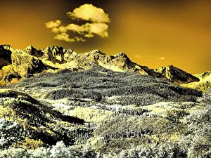 San Juan Mountain Prints: USA, Colorado. Infrared of view of Mount Sneffels and Aspen trees