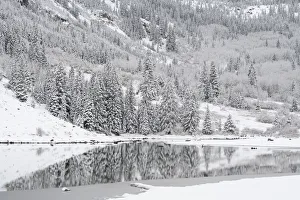 Maroon Bells Prints: USA, Colorado, Maroon Bells State Park. Autumn snowfall on mountain and Maroon Lake