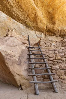 Civilization Prints: USA, Colorado, Mesa Verde National Park, Reconstructed ladder against wall masonry