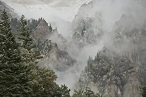 Ouray Prints: USA, Colorado, Ouray. Fog develops as a snow storm moves into the Uncompahgre River Gorge
