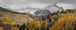 Mt Sneffels Prints: USA, Colorado, San Juan Mountains. Panoramic of storm over mountain and forest. Credit as