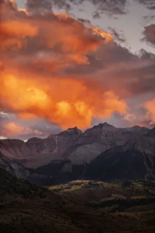 San Juan Mountain Prints: USA, Colorado, San Juan Mountains. Autumn sunset over the Sneffels Range and valley