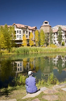 Telluride Prints: USA, Colorado, Telluride, Mountain Village, elevation 9, 540 feet, with person (MR)