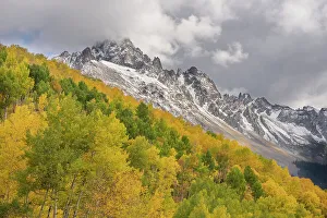 San Juan Mountain Prints: USA, Colorado, Uncompahgre National Forest. San Juan Mountains and aspen forest in autumn