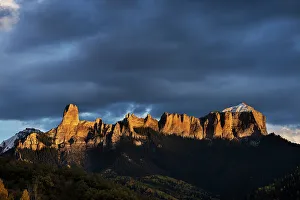 San Juan Mountain Prints: USA, Colorado, Uncompahgre National Forest. Sunset on aspens and rock formations