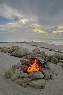 Images Dated 13th July 2024: USA, Florida. Campfire on the beach