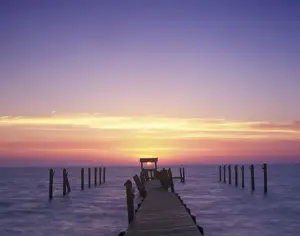 Hurricane Prints: USA, Florida, Captiva Island, Sunrise at a Hurricane Damaged Dock (Not Available