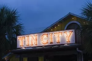 USA, Florida, Naples: Sign for Tin City, former oyster processing plant, now a harborside
