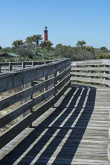 Boardwalk Prints: USA, Florida, New Smyrna Beach, Smyrna Dunes Park, boardwalk, Ponce Inlet lighthouse