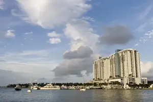 USA, Florida, North Miami Beach: View of Condo Towers and Biscayne Bay