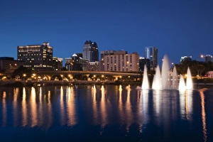 Central Florida Prints: USA, Florida, Orlando, skyline from Lake Lucerne, dusk