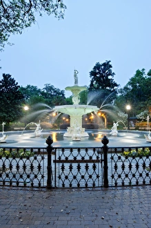 Historic District Prints: USA, GA, Savannah, Forsyth Park, Forsyth Fountain at Dawn
