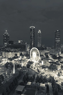 Images Dated 27th October 2013: USA, Georgia, Atlanta, Centenial Olympic Park, elevated city view with ferris wheel, dusk