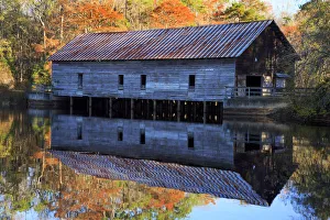 Mill Prints: USA, Georgia, Grist mill with fall reflections in pond