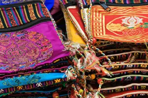 USA; Georgia; Savannah; Fabrics on display by Tibetan monks