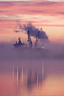 River Front Prints: USA, Georgia, Savannah, Fog at dawn along the Savannah River