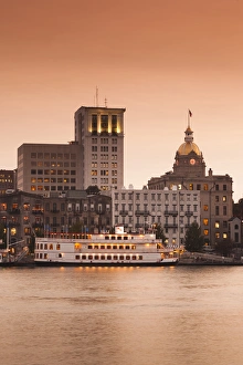 Images Dated 30th October 2013: USA, Georgia, Savannah, skyline along the Savannah River, dusk