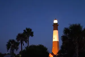 Navigation Prints: USA, Georgia, Tybee Island, Palmetto Palm trees and Tybee Lighthouse at dusk on summer