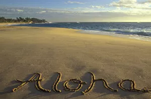 Images Dated 31st August 2003: USA, Hawaii Aloha written on Hawaiian beach Used in World