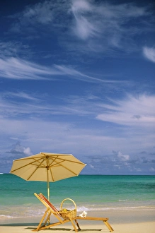 Shade Prints: USA, Hawaii. Beach chair and umbrella