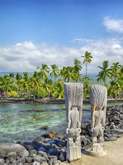 Images Dated 23rd January 2017: USA, Hawaii, Big Island. Palm trees and ancient tiki wooden carvings at the National
