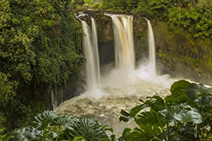 Verdant Prints: USA, Hawaii, The Big Island, Wailuku River, Rainbow Falls. Scenic of multiple waterfalls