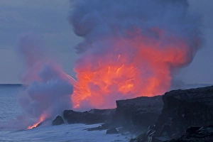 Smoke Prints: USA, Hawaii, Hawaii Volcanoes National Park. Lava explodes as it runs into ocean
