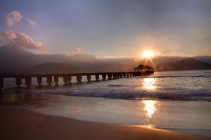 Copy Space Prints: USA; Hawaii; Maui; Hanalei; Hanalei Pier at Sunset