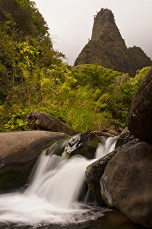 Images Dated 21st February 2012: USA, Hawaii, Maui, Iao Needle. View of waterfall and rock formation