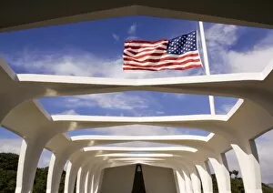 Images Dated 22nd August 2008: USA, Hawaii, Oahu. American flag flies at half-mast over USS Arizona National Memorial