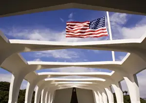 Pearl Harbor Prints: USA, Hawaii, Oahu. American flag flies at half-mast over USS Arizona National Memorial